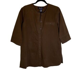 Denim & Co. NWT Women size small popover 1/2 sleeve Brown Button-Back Tunic Top